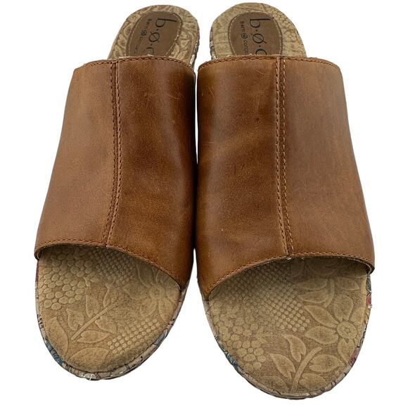 B.O.C. Born Women’s 9 Tan Leather Floral Print Cork Platform Wedge Slide Sandals - Picture 2 of 8